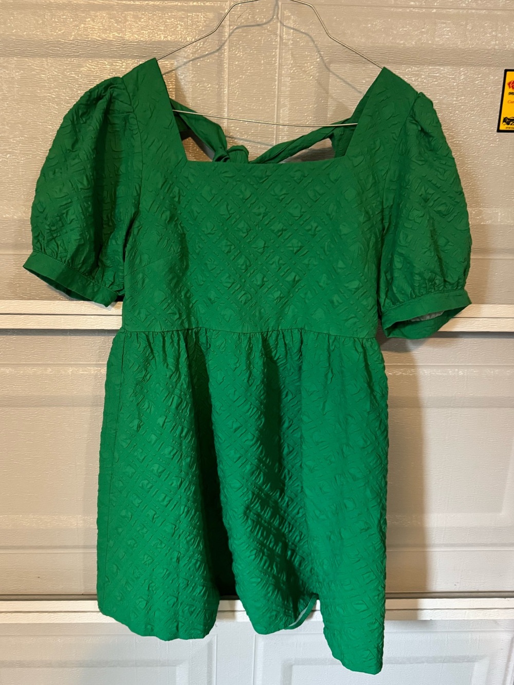 BiBi Emerald Green Textured Puff-Sleeve Mini Dress
